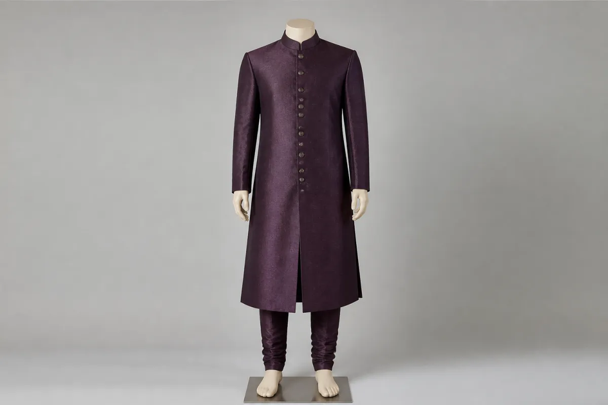 Plum Silk Sherwani – Men's Plum Silk Festive Sherwani + Churidar | Custom Tailored