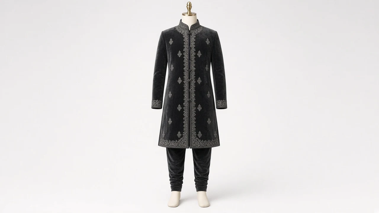 Charcoal Velvet Winter Sherwani – Boys' Charcoal Velvet Festive Sherwani + Churidar | Custom Tailored Kids