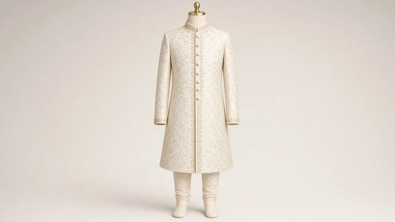 Ivory Jacquard Eid Sherwani – Boys' Ivory Jacquard Eid Sherwani + Churidar | Custom Tailored Kids