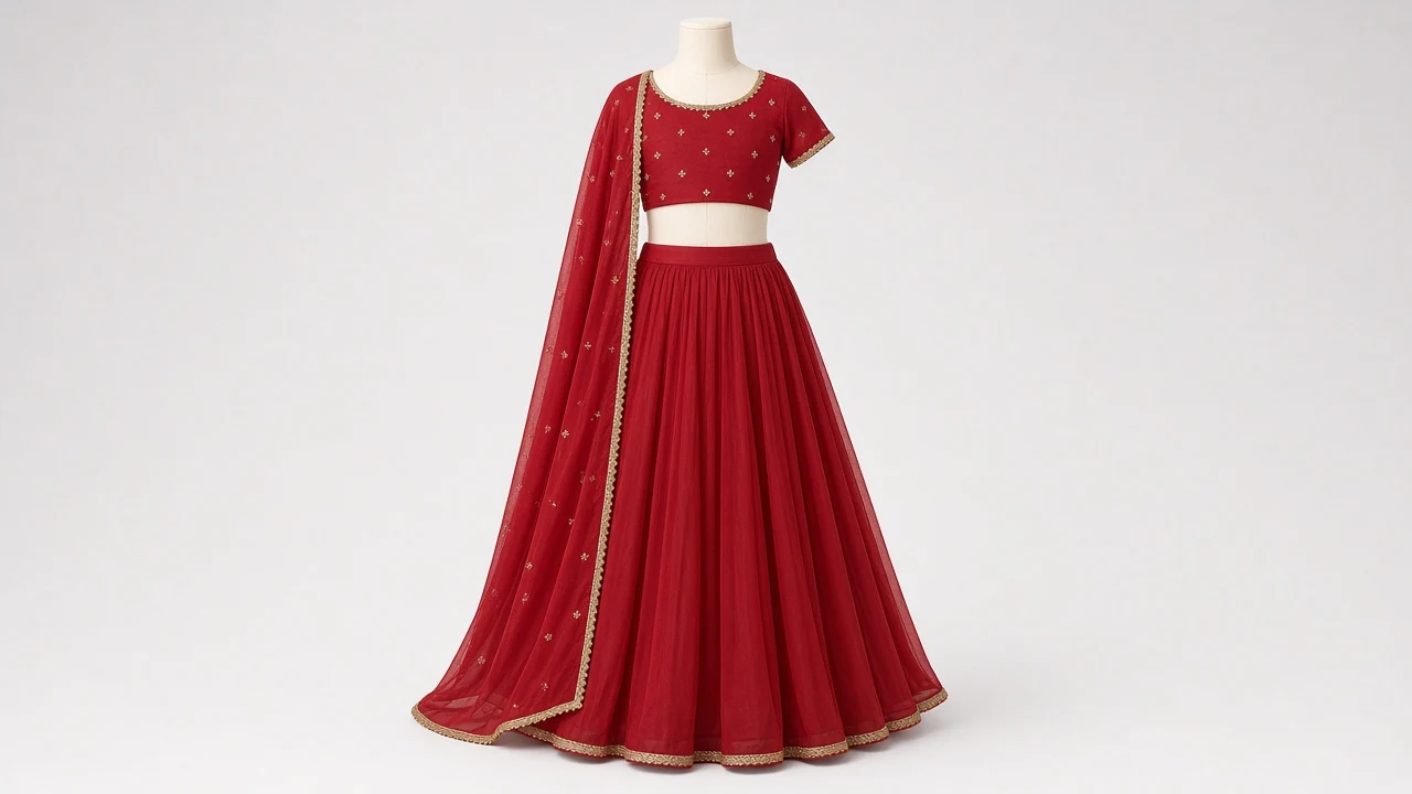 Cherry Red Georgette Party Lehenga – Girls Cherry Red Birthday Lehenga | Custom Tailored