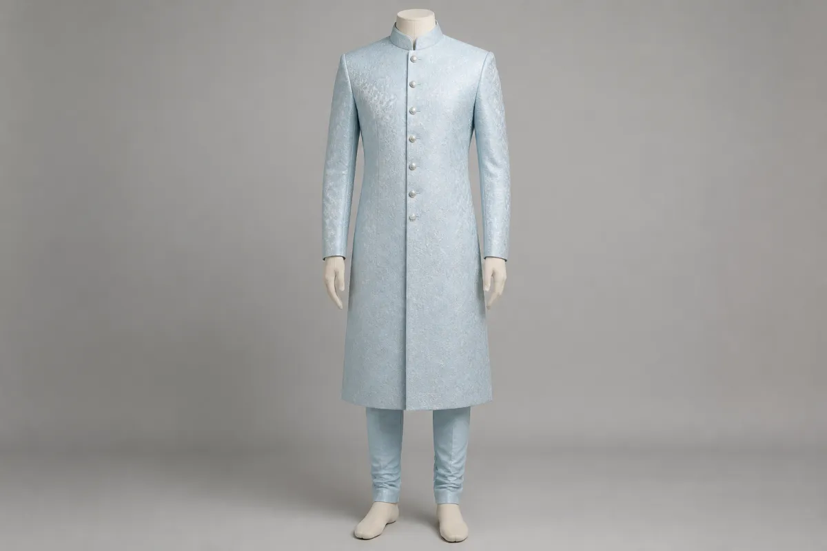 Sky Blue Brocade Sherwani – Men's Sky Blue Brocade Festive Sherwani + Churidar | Custom Tailored