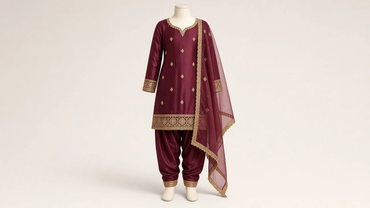 Burgundy Gota Lace Salwar Kameez – Girls Wine Silk with Gota Borders | Custom Tailored Kids