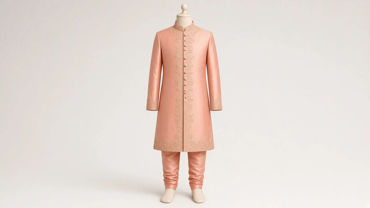 Peach Silk Wedding Guest Sherwani – Boys' Peach Silk Wedding Guest Sherwani + Churidar | Custom Tailored Kids