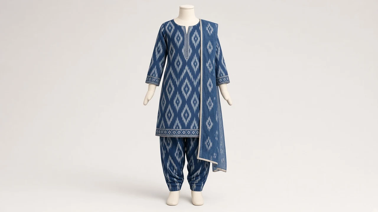 Indigo Ikat Weave Salwar Kameez – Girls Handloom Cotton-Silk Pochampally Set | Custom Tailored Kids