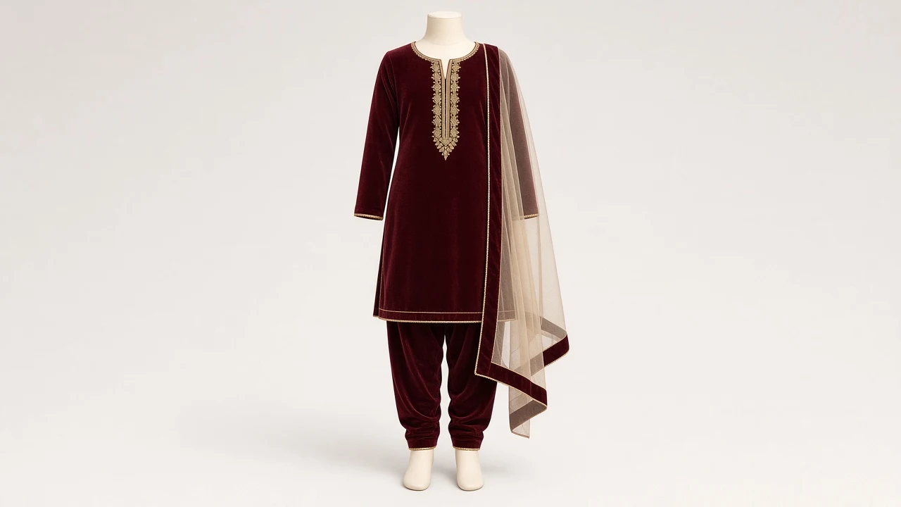 Maroon Velvet Festive Salwar Kameez – Girls Deep Maroon Velvet with Gold Cord | Custom Tailored Kids