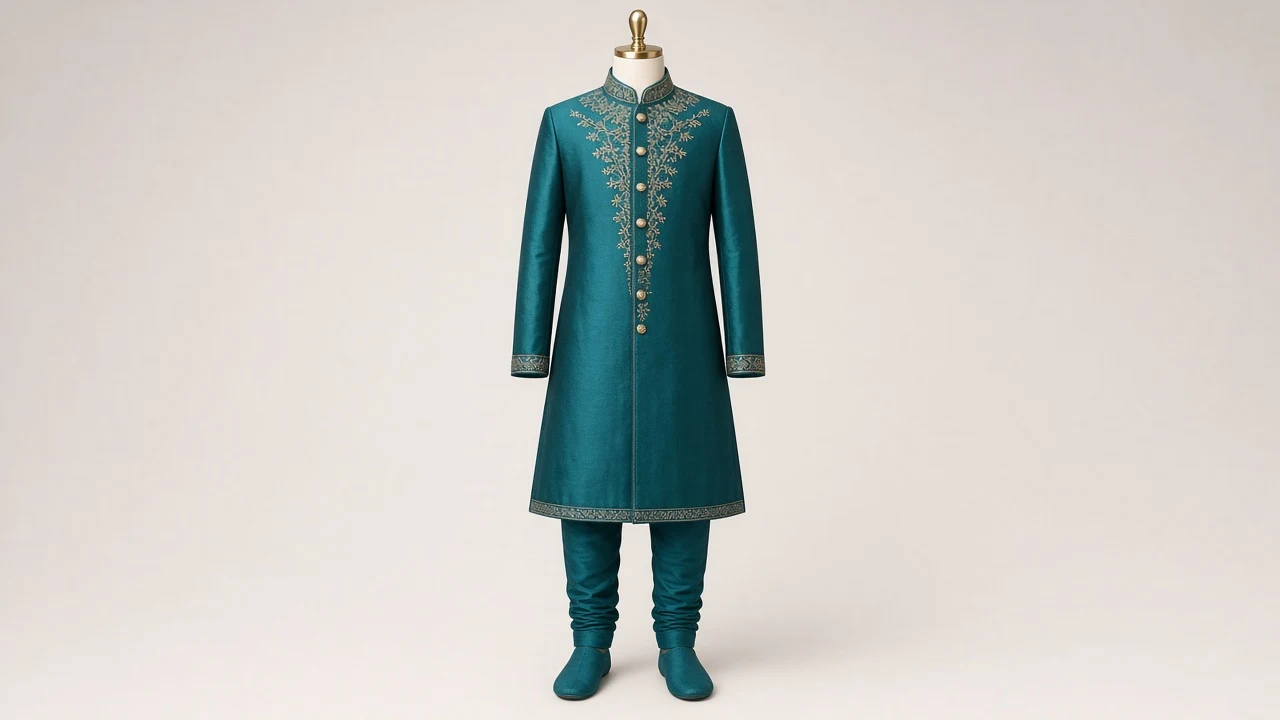 Teal Silk Celebration Sherwani – Boys' Teal Silk Festive Sherwani + Churidar | Custom Tailored Kids