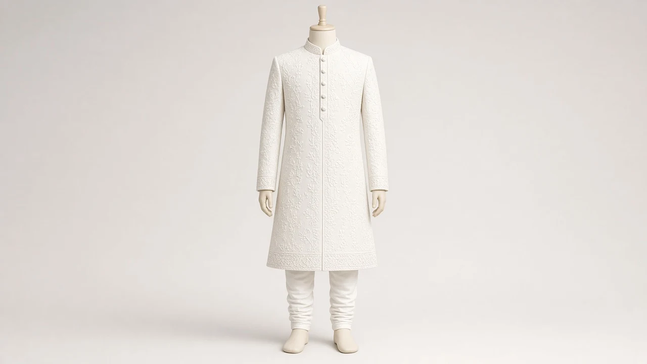 White Chikankari Festive Sherwani – Boys' White Chikankari Festive Sherwani + Churidar | Custom Tailored Kids