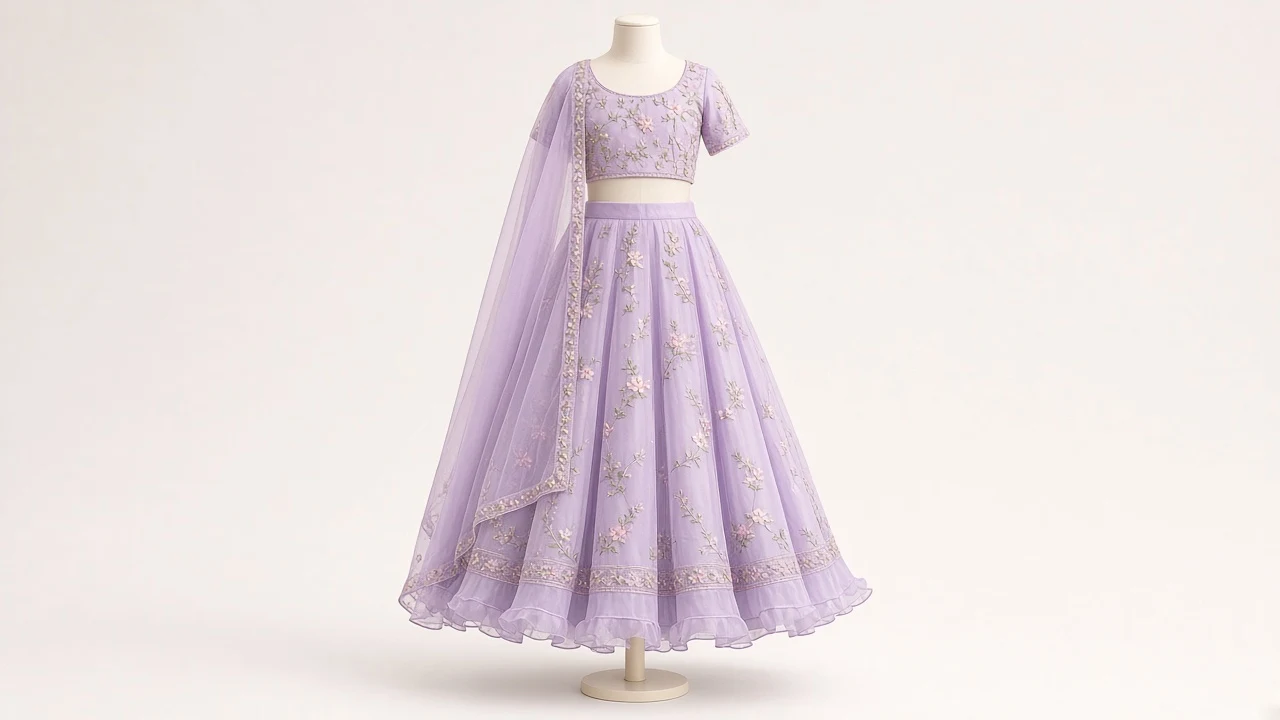 Lilac Organza Wedding Guest Lehenga – Girls Lilac Organza Lehenga with Resham Florals | Custom Tailored