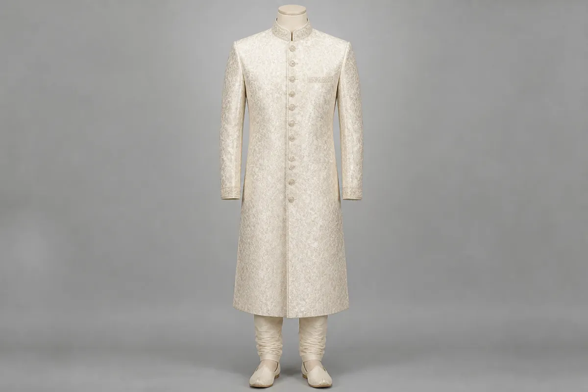 Ivory Jacquard Sherwani – Men's Ivory Jacquard Festive Sherwani + Churidar | Custom Tailored