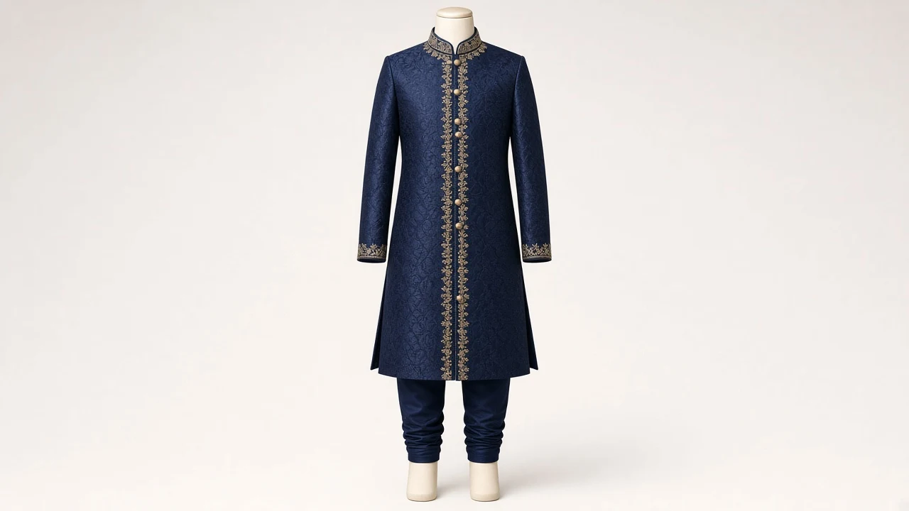 Navy Banarasi Eid Sherwani – Boys' Navy Banarasi Eid Sherwani + Churidar | Custom Tailored Kids