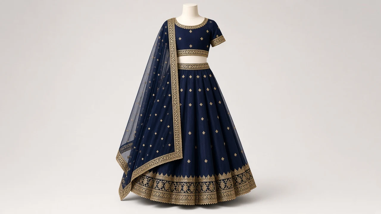Navy Blue Gota Eid Lehenga – Girls Midnight Navy Lehenga with Gold Gota | Custom Tailored