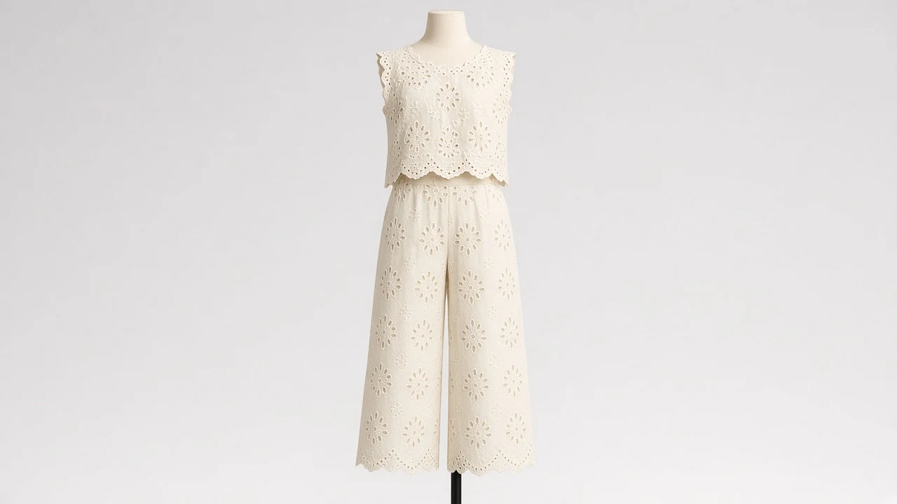 White Floral Eyelet Top Culotte Co-ord - Girls Schiffli Eyelet Lace Top with Culottes | Custom Tailored