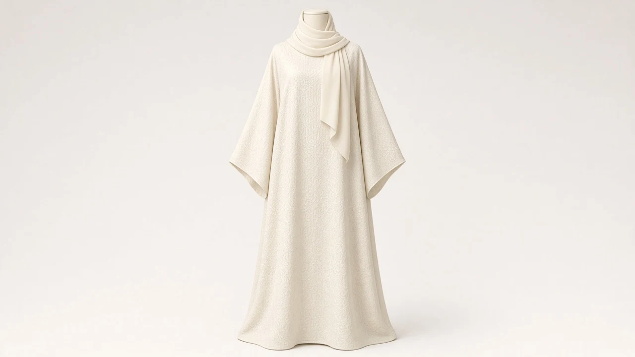 Cream Textured Kaftan Abaya – Ivory Jacquard Woven Kaftan-Style Abaya | Custom Tailored