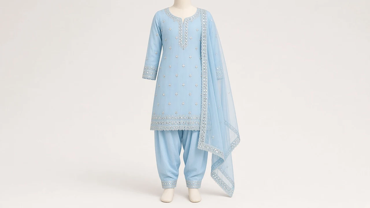 Sky Blue Mirror Work Salwar Kameez – Girls Powder Blue Georgette with Shisha Mirrors | Custom Tailored Kids