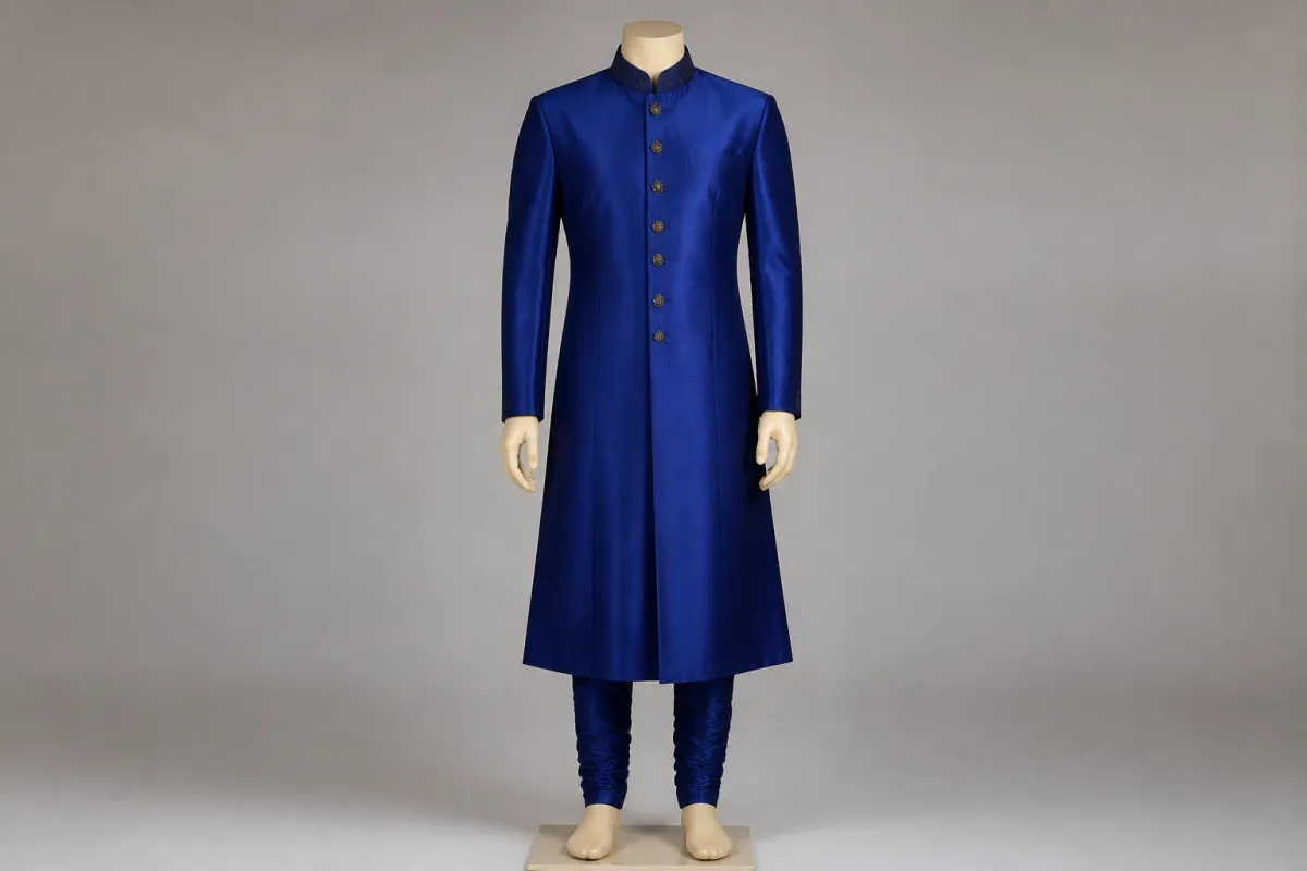 Royal Blue Silk Sherwani – Men's Royal Blue Silk Festive Sherwani + Churidar | Custom Tailored