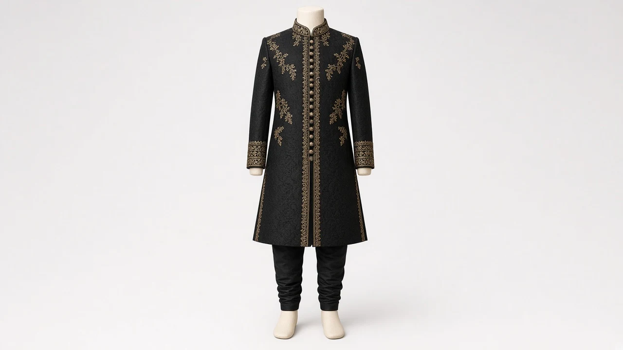 Black Zari Formal Sherwani – Boys' Black Zari Formal Sherwani + Churidar | Custom Tailored Kids