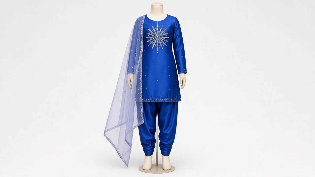 Royal Blue Cutdana Salwar Kameez – Girls Satin Kameez with Bead Sunburst | Custom Tailored Kids
