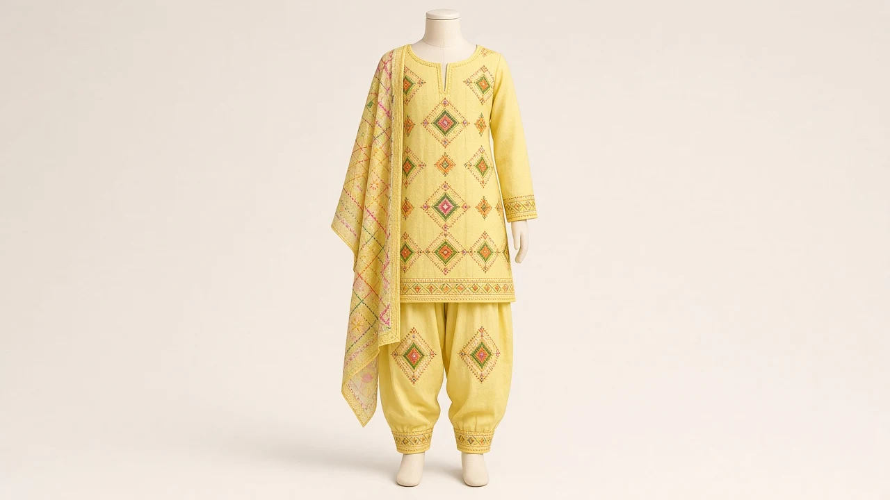 Multicolor Phulkari Patiala Kameez – Girls Yellow Silk with Geometric Stitch | Custom Tailored Kids