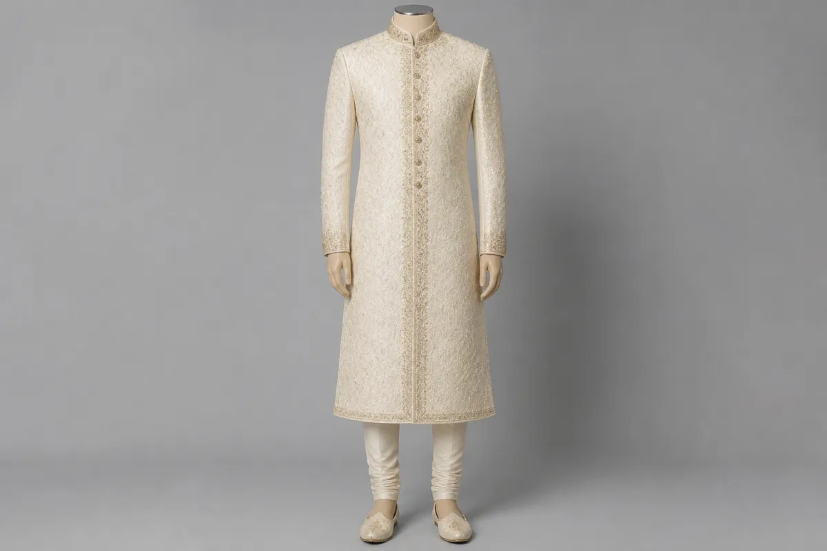 Ivory Zari Sherwani – Men's Ivory Zari Work Wedding Sherwani + Churidar | Custom Tailored