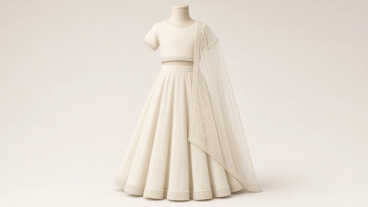 Cream Pearl Border Eid Lehenga – Girls Cream Lehenga with Pearl Border | Custom Tailored