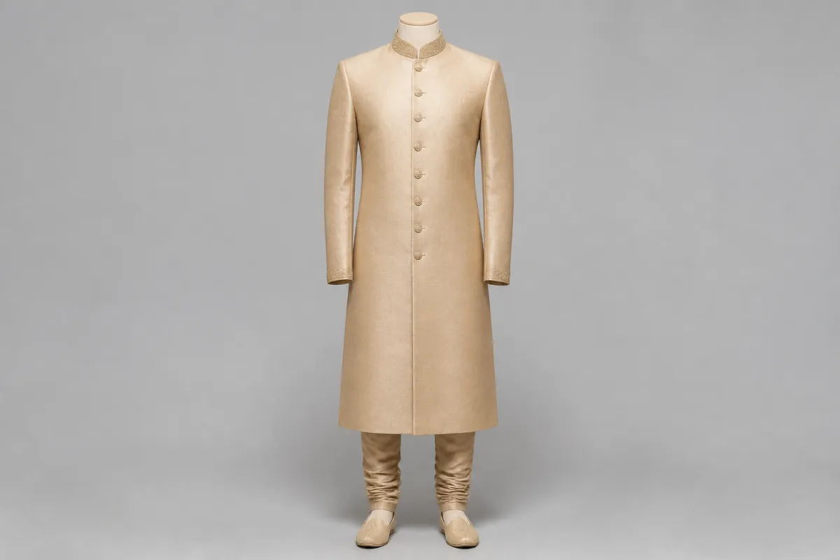 Beige Silk Sherwani – Men's Beige Silk Festive Sherwani + Churidar | Custom Tailored