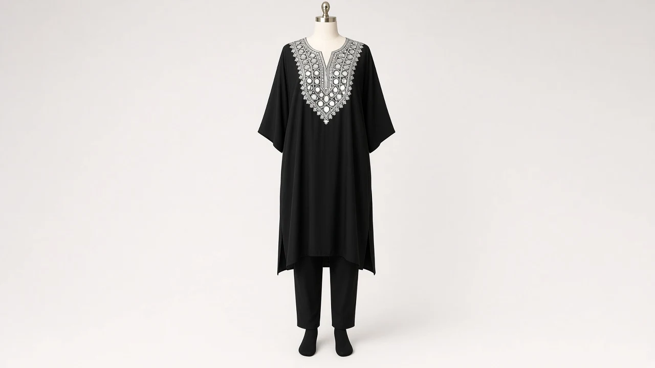 Black Mirror Work Kaftan Set – Black Kaftan with Mirror Embroidery and Black Trousers | Custom Tailored