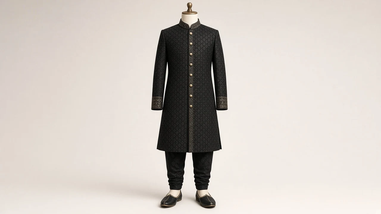 Black Banarasi Formal Sherwani – Boys' Black Banarasi Formal Sherwani + Churidar | Custom Tailored Kids