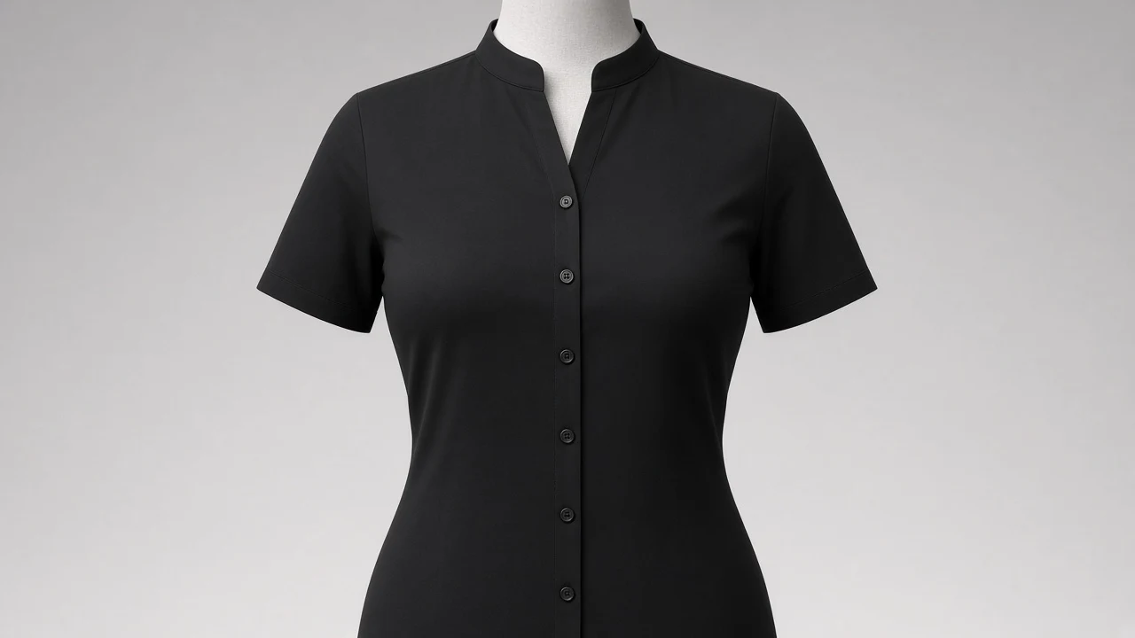 Black Cotton Mandarin Collar Half Sleeve Shirt - Women's Solid Black Band Collar Shirt | Custom Tailored