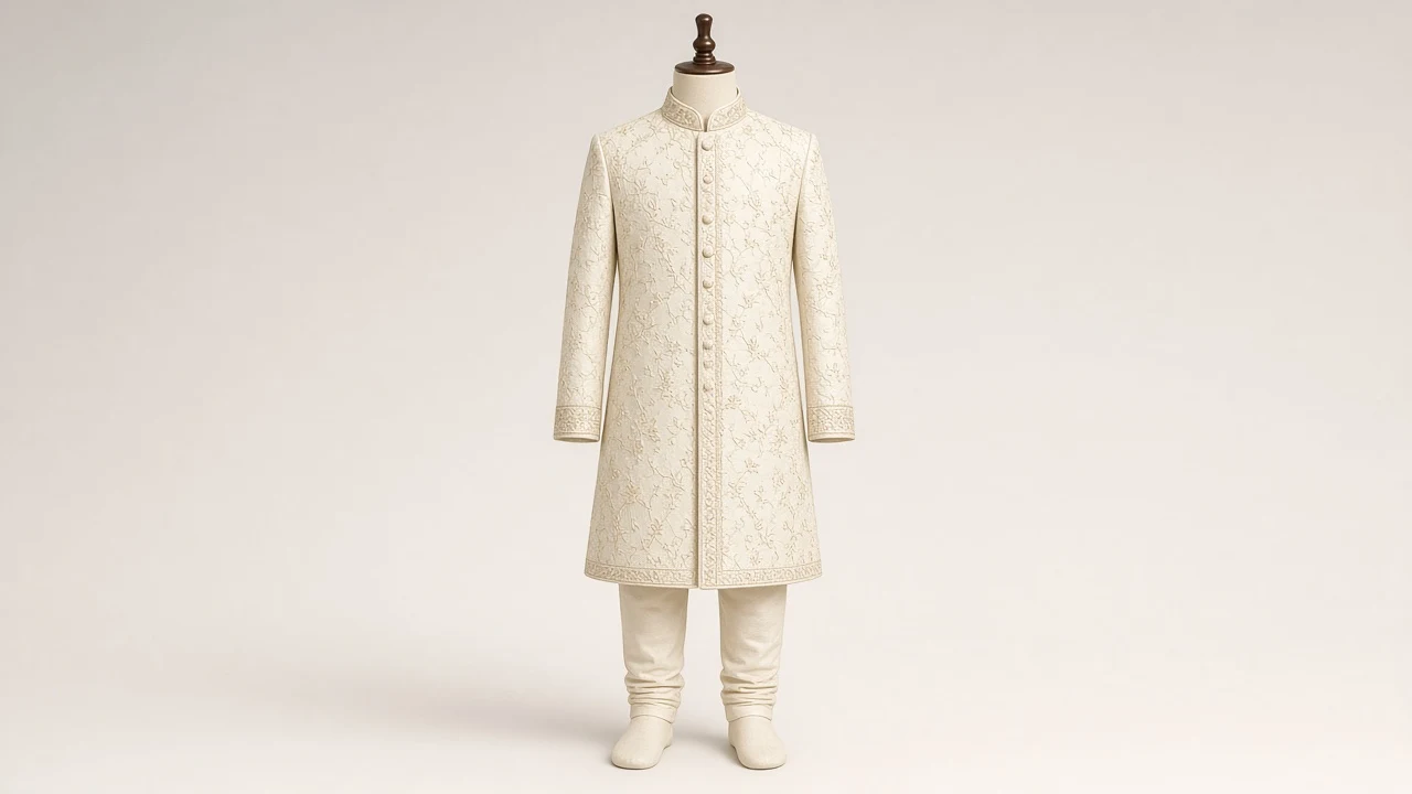 Cream Resham Embroidered Sherwani – Boys' Cream Resham Embroidered Sherwani + Churidar | Custom Tailored Kids