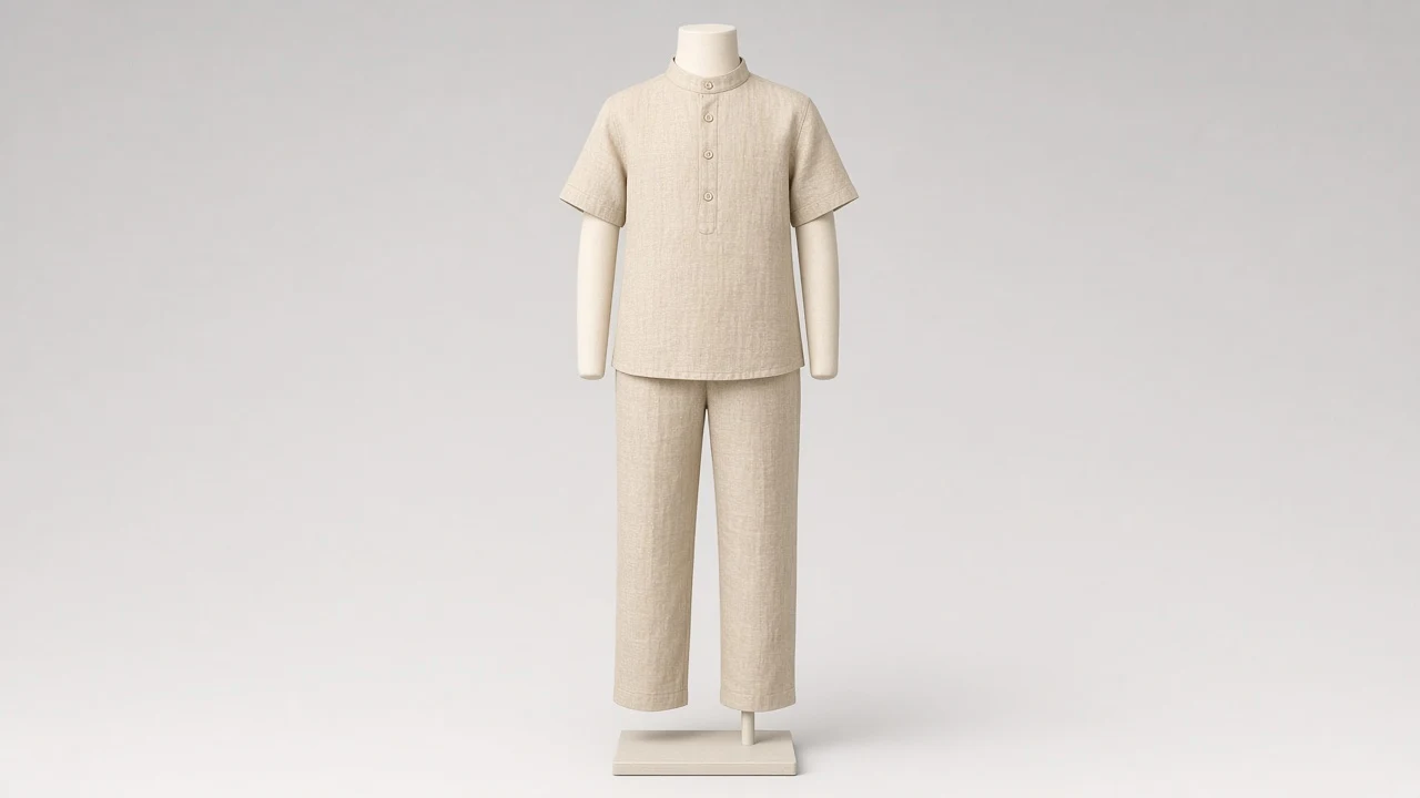 Beige Linen Mandarin Shirt Pant Co-ord - Boys Mandarin Collar Shirt with Pants | Custom Tailored