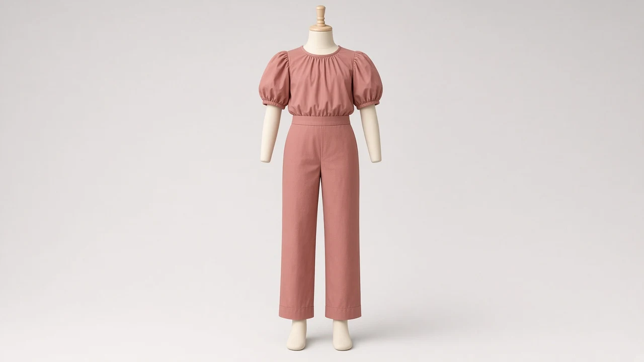 Dusty Rose Puff Sleeve Trouser Co-ord - Girls Puff Sleeve Top with Straight Trousers | Custom Tailored