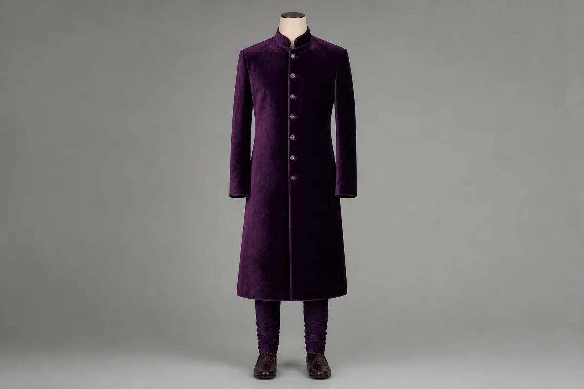 Purple Velvet Sherwani – Men's Purple Velvet Festive Sherwani + Churidar | Custom Tailored