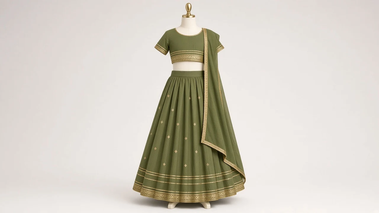 Olive Green Cotton Festive Lehenga – Girls Olive Green Cotton Lehenga with Gota | Custom Tailored
