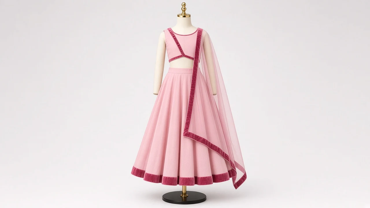 Baby Pink Velvet Trim Lehenga – Girls Baby Pink Lehenga with Velvet Trim | Custom Tailored