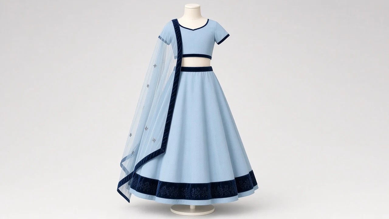 Soft Blue Velvet Trim Lehenga – Girls Powder Blue Lehenga with Velvet Neck Trim | Custom Tailored