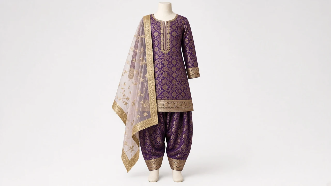 Purple Brocade Patiala Kameez – Girls Deep Purple Brocade with Gold Zari | Custom Tailored Kids