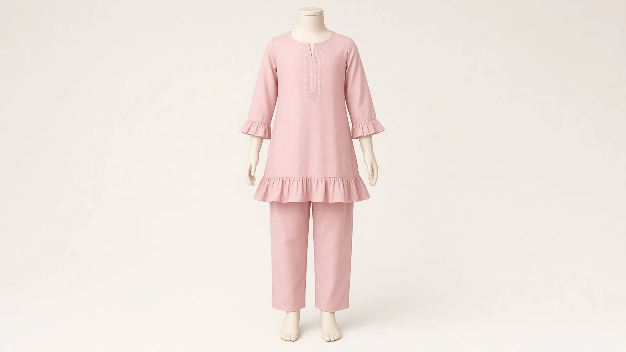 Blush Pink Frill Kurti Set – Girls Blush Pink Frill-Hem Kurti with Pants | Custom Tailored