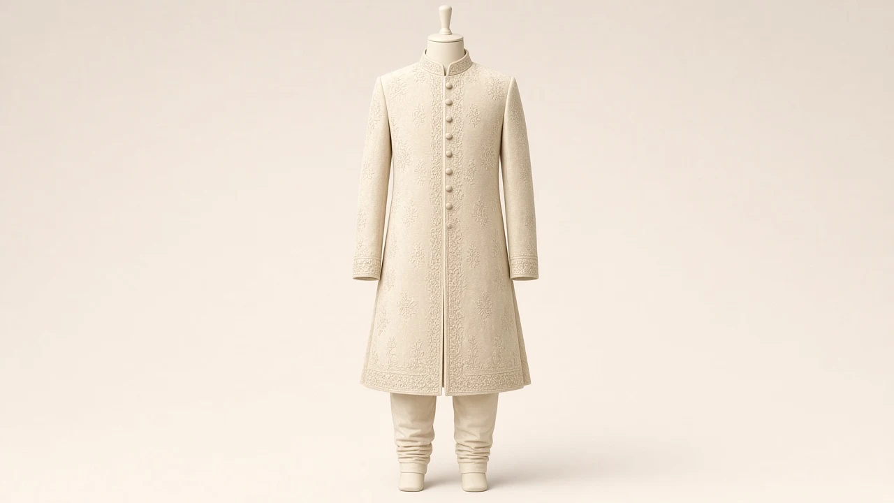 Cream Velvet Festive Sherwani – Boys' Cream Velvet Festive Sherwani + Churidar | Custom Tailored Kids