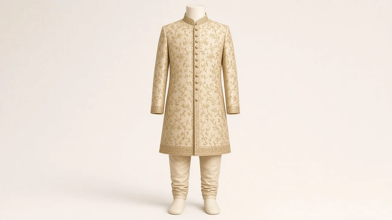 Gold Zari Wedding Sherwani – Boys' Gold Zari Wedding Sherwani + Churidar | Custom Tailored Kids