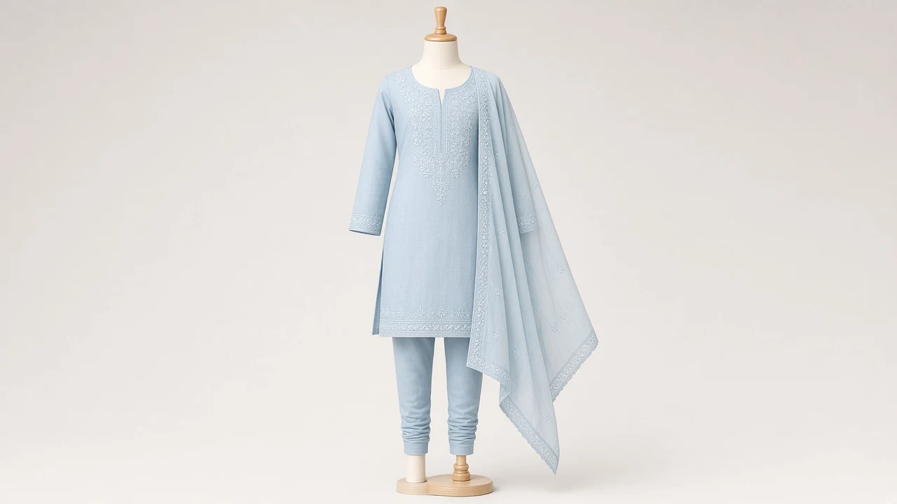 Powder Blue Chikankari Churidar Kameez – Girls Sky Blue Lucknowi Cotton Set | Custom Tailored Kids