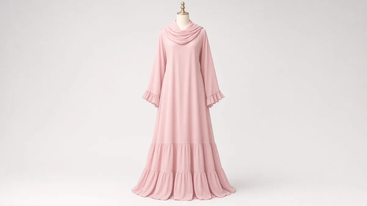 Baby Pink Frill Abaya – Soft Baby Pink Abaya with Tiered Frill Hem | Custom Tailored