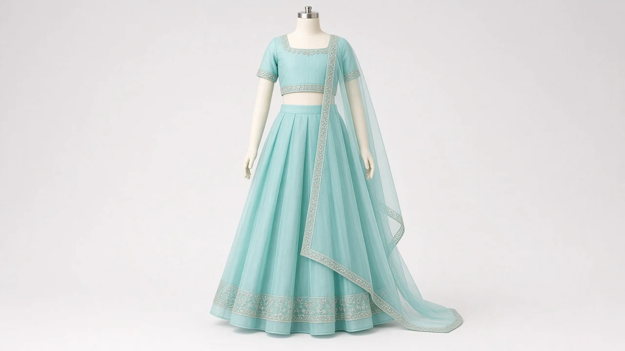 Turquoise Organza Celebration Lehenga – Girls Aqua Blue Organza Festive Lehenga | Custom Tailored