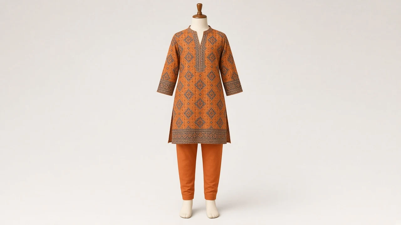 Orange Block Print Kurti Set – Girls Orange Ajrakh Print Kurti with Pants | Custom Tailored