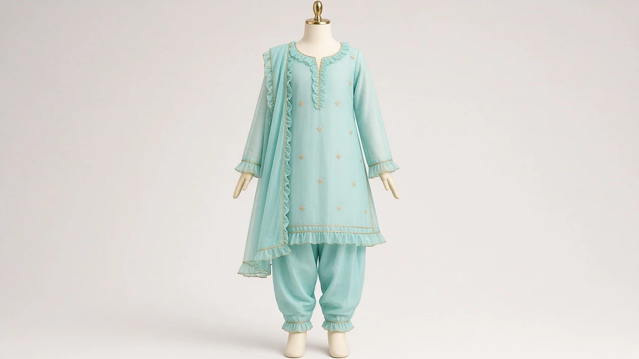 Aqua Ruffle Organza Salwar Kameez – Girls Sea Green Organza with Ruffle Neck | Custom Tailored Kids