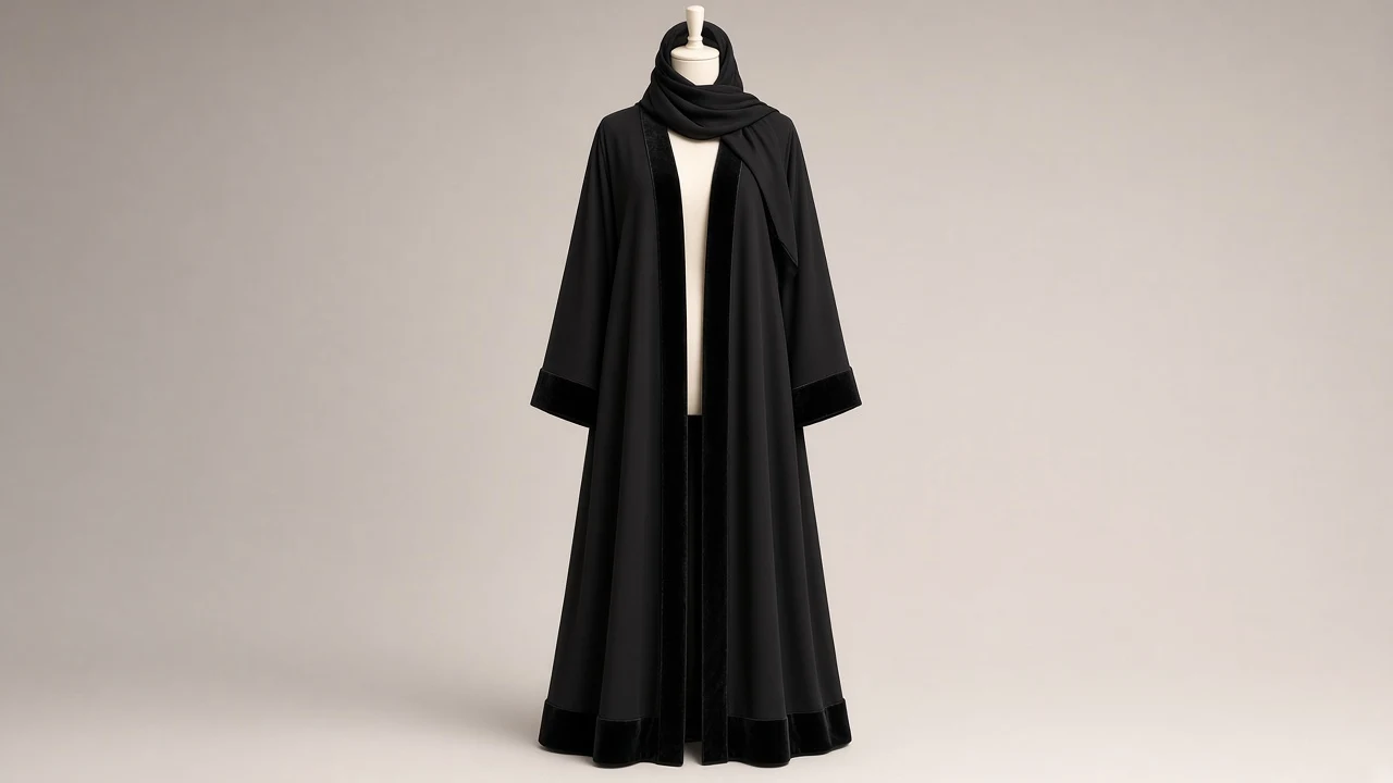 Black Velvet Border Abaya – Black Nida Abaya with Velvet Trim on Neck + Hem | Custom Tailored