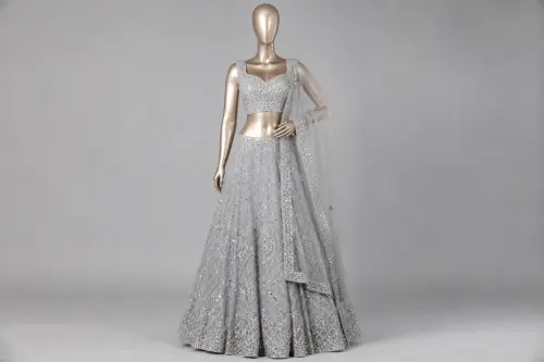 Silver Grey Crystal Lehenga – Organza Lehenga with Crystal Work | Custom Tailored