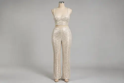 White Gold Party Co-ord – White Gold Sequin Top with Straight Pants | Custom Tailored