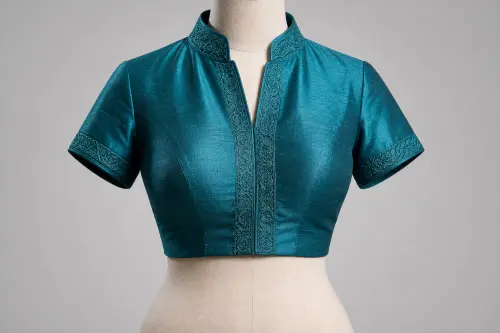 Teal Thread Embroidery Mandarin Collar Blouse – Silk Designer Blouse with Resham Work | Custom Tailored
