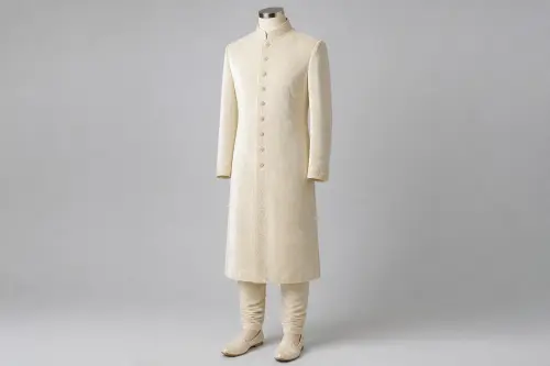 Cream Velvet Sherwani – Men's Cream Velvet Festive Sherwani + Churidar | Custom Tailored