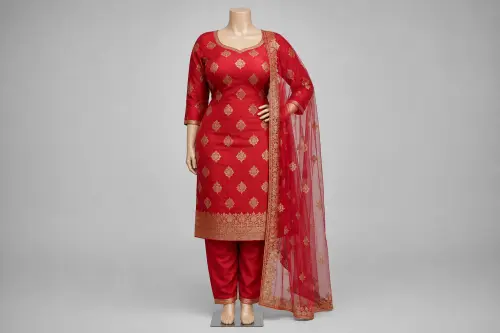 Royal Red Banarasi Salwar Kameez – Crimson Silk Kameez with Gold Zari Butis | Custom Tailored